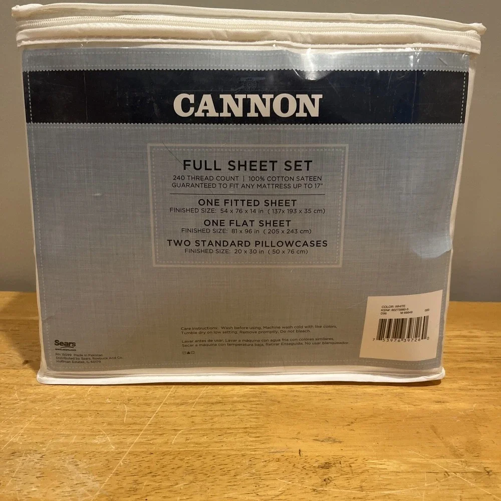 Cannon‎ Full Sheet Set White 100% Cotten Sateen 240 Thread Count NOS Sears